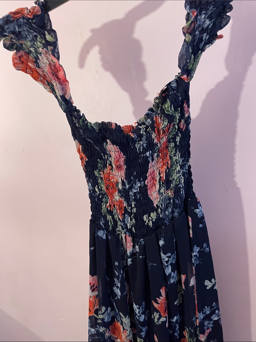 Smocked Floral Maxi Dress in Navy with Coral & Green Accents MEDIUM